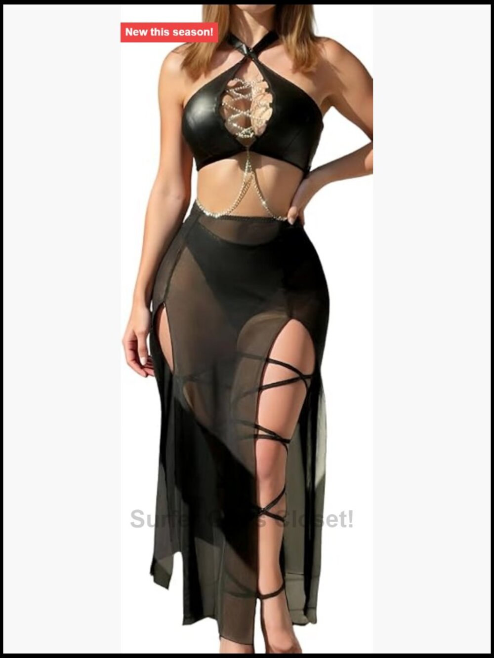 Sexy PU Leather Lingerie Set Halter Bra Top Sheer Mesh Split Skirt with Thong